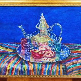 Painting, Blue still life with pomegranates and teapot., Lilya Volskaya