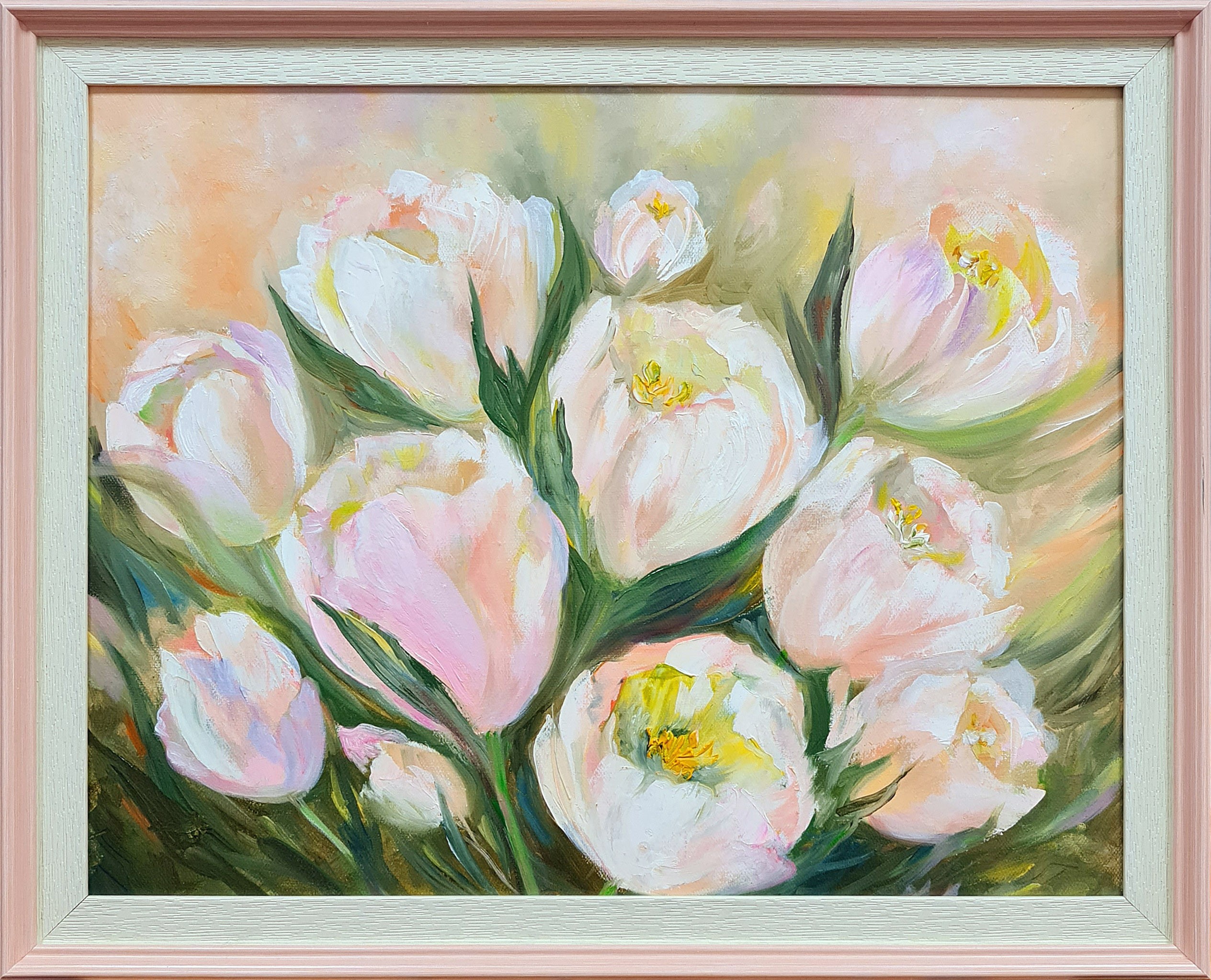 Lilya Volskaya, White tulips on a pink background. Morning, spring Lilya Volskaya, White tulips on a pink background. Morning, spring