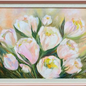Pintura, White tulips on a pink background. Morning, spring, Lilya Volskaya