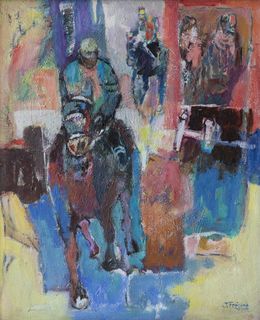 Gemälde, La ligne d'arrivée - chevaux et course hippique, Claude Frégère