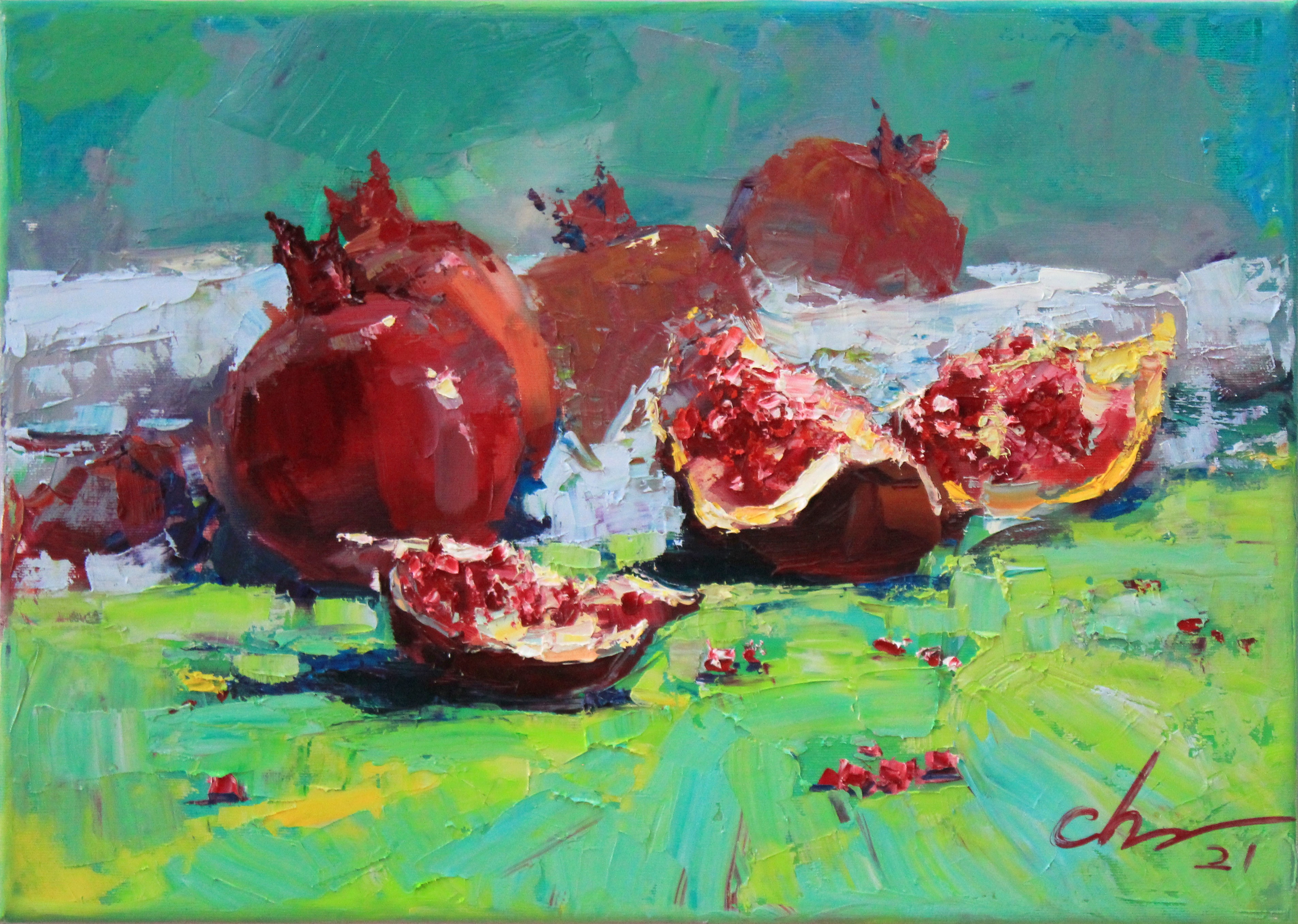 Serhii Cherniakovskyi, Pomegranate delight-texture fruit painting, red and green colors Serhii Cherniakovskyi, Pomegranate delight-texture fruit painting, red and green colors