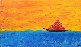 Painting, Boat-people au soleil couchant, Damien Berrard