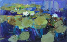 Painting, White Water Lilies, Impasto Painting, Monet inspired Lily Art, Blue art, Serhii Cherniakovskyi