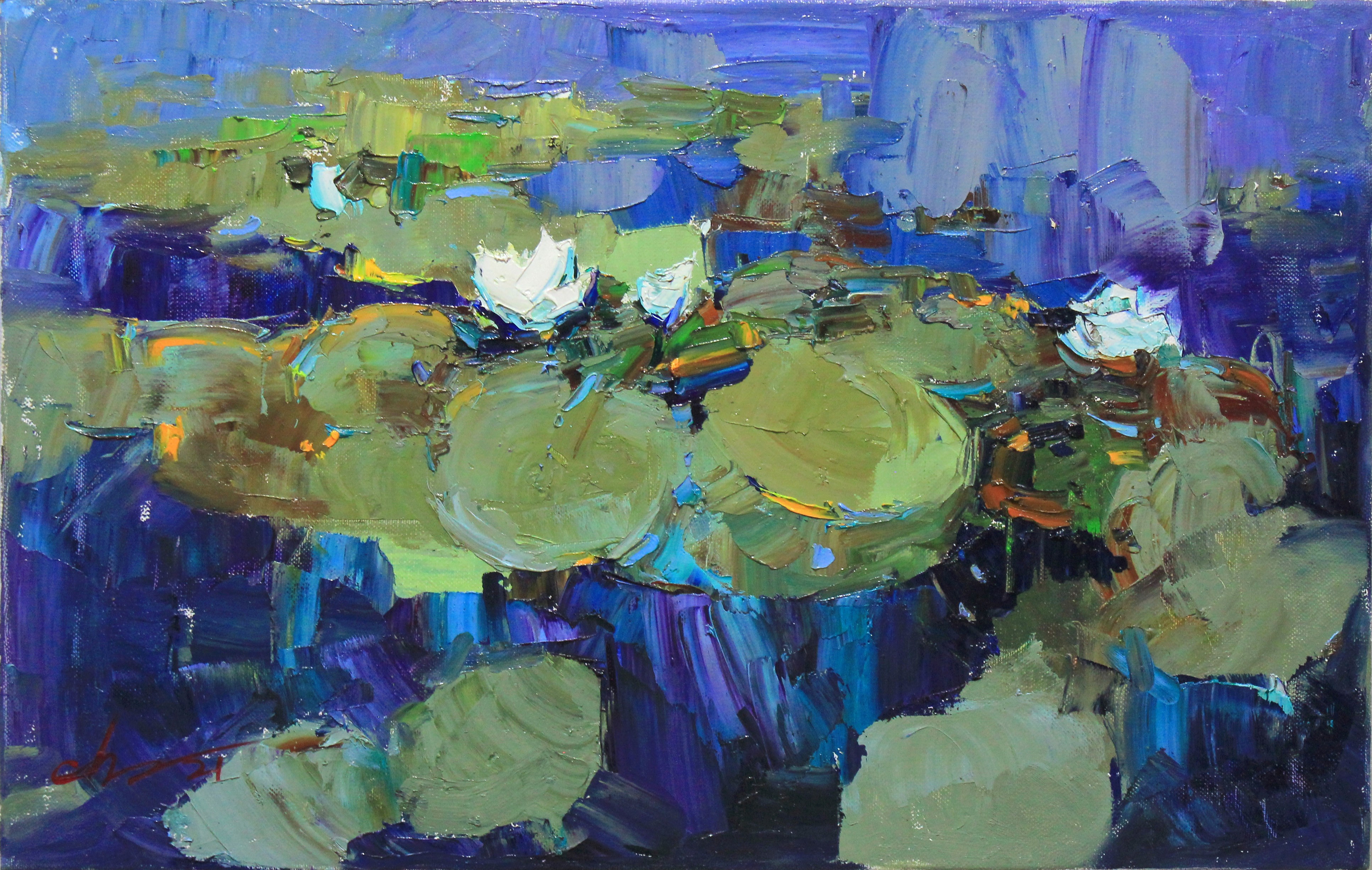 Serhii Cherniakovskyi, White Water Lilies, Impasto Painting, Monet inspired Lily Art, Blue art Serhii Cherniakovskyi, White Water Lilies, Impasto Painting, Monet inspired Lily Art, Blue art