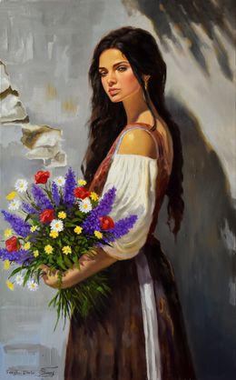 Gemälde, A portrait with wild flowers, Serghei Ghetiu