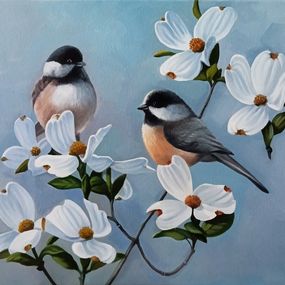 Gemälde, Bird Pair with White Flowers, Tamar Nazaryan