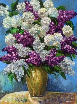 Painting, White and purple lilacs bouquet, Karine Harutyunyan