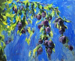 Gemälde, Plum tree-Medium size fruit painting, color blue painting, Serhii Cherniakovskyi