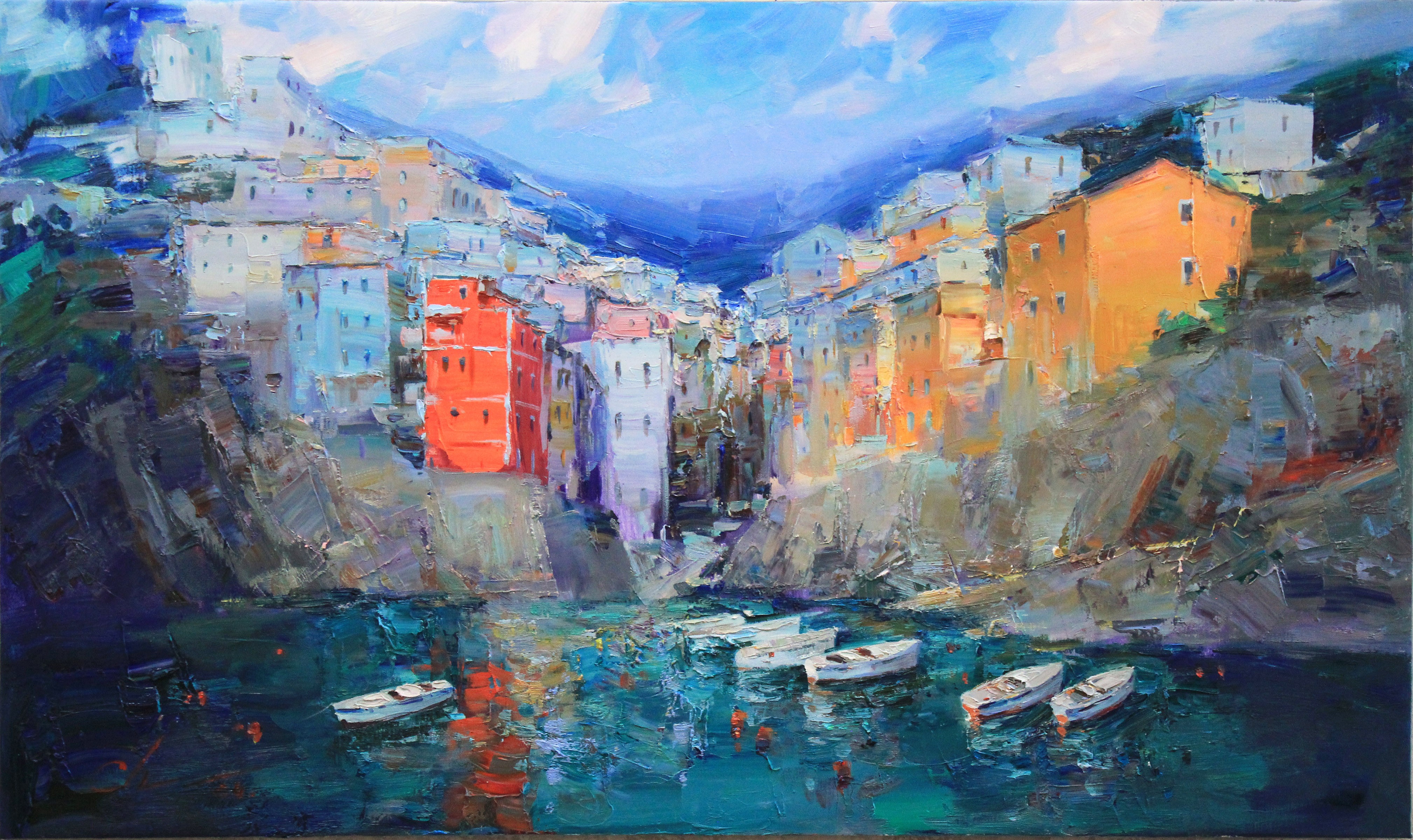 Serhii Cherniakovskyi, Riomaggiore, Cinque terre - Italian sunset coast painting, textured sea landscape Serhii Cherniakovskyi, Riomaggiore, Cinque terre - Italian sunset coast painting, textured sea landscape