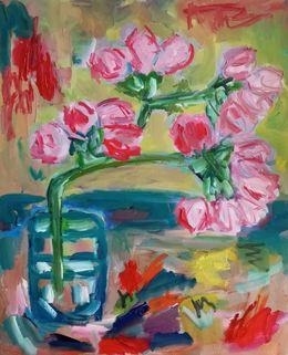 Gemälde, Blooming pink almond branch, Natalya Mougenot