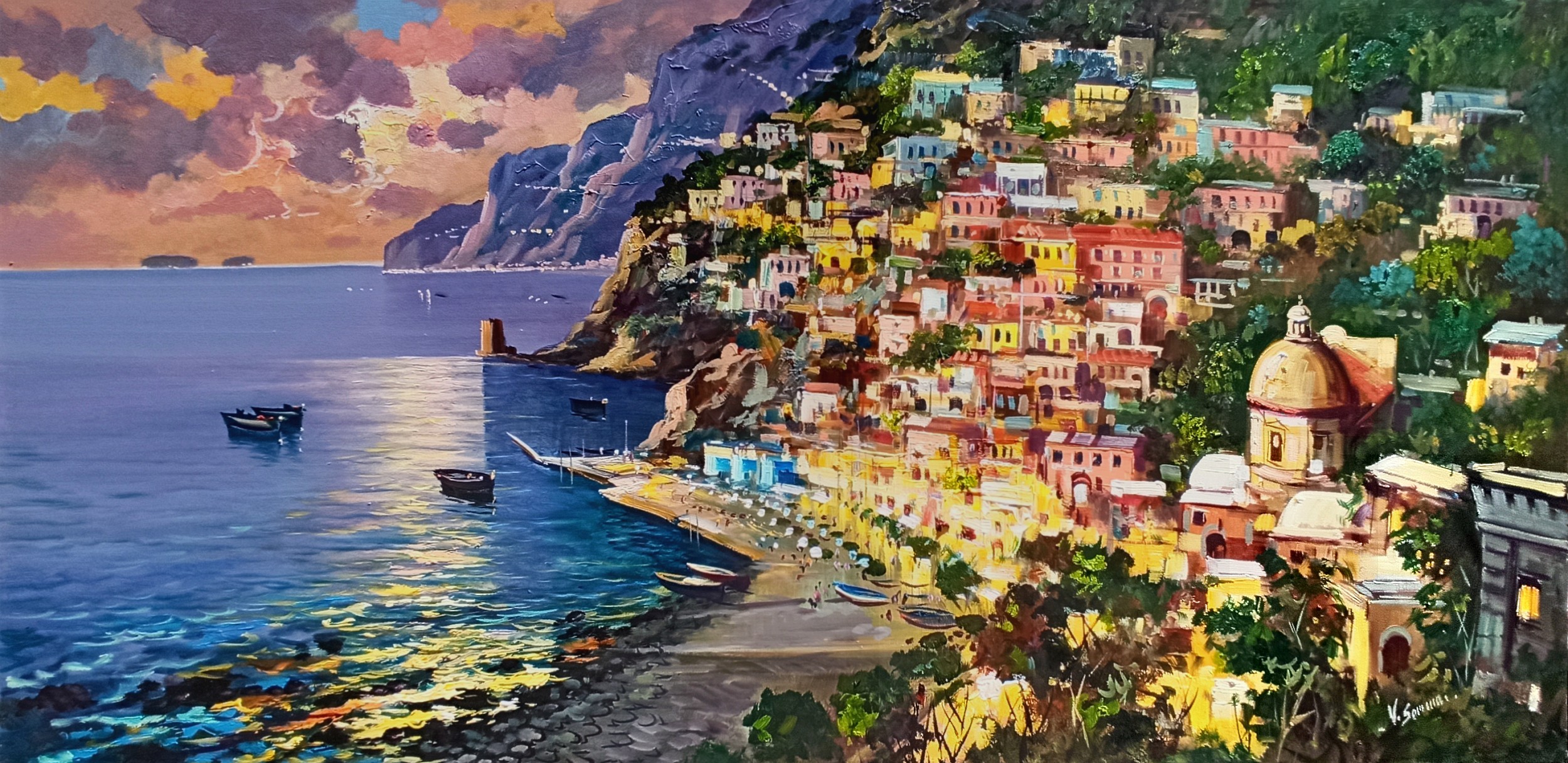 Vincenzo Somma, Summer sunset on the coast - Positano painting Vincenzo Somma, Summer sunset on the coast - Positano painting