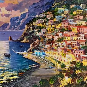 Painting, Summer sunset on the coast - Positano painting, Vincenzo Somma
