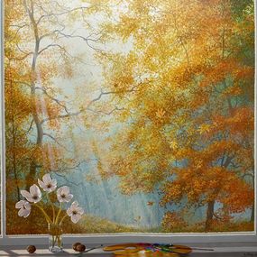Gemälde, White Flowers on Window Sill, Michael Gorban