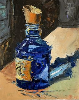 Painting, Mystery blue glass bottle, still life., Schagen Vita