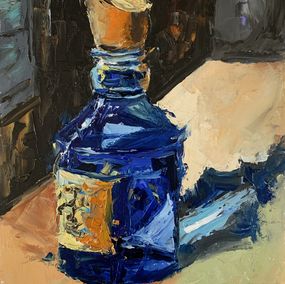 Gemälde, Mystery blue glass bottle, still life., Schagen Vita