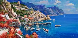 Painting, Panorama on the harbor - Amalfi painting, Vincenzo Somma