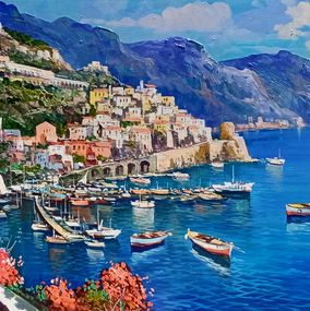 Peinture, Panorama on the harbor - Amalfi painting, Vincenzo Somma