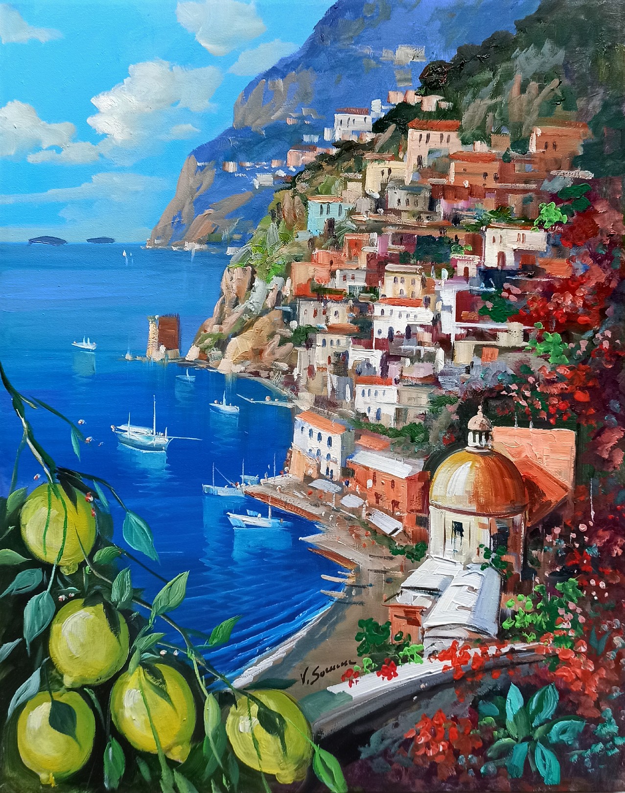 Vincenzo Somma, Seaside with lemons vertical version - Positano painting Italy Vincenzo Somma, Seaside with lemons vertical version - Positano painting Italy