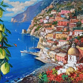 Pintura, Lemons & flowers - Positano painting Italy, Vincenzo Somma