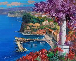 Painting, Flowering seaside - Sorrento painting Italy, Vincenzo Somma