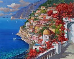 Painting, Terrace on the cliff - Positano painting Italy, Vincenzo Somma