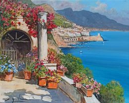 Pintura, Terrace with flowers - Amalfi painting Italy, Gianni Di Guida