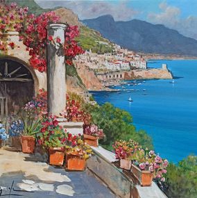 Pintura, Terrace with flowers - Amalfi painting Italy, Gianni Di Guida