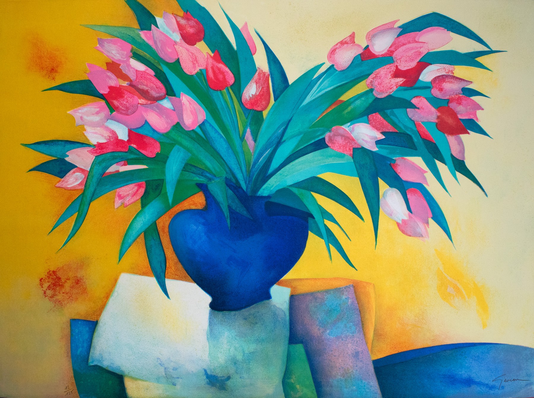 Claude Gaveau, Bouquet vase bleu, lithographie originale Claude Gaveau, Bouquet vase bleu, lithographie originale