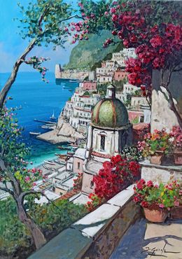 Painting, Vertical view over the sea - Positano painting Italy, Gianni Di Guida