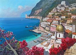 Pintura, Horizontal view over the sea - Positano painting Italy, Gianni Di Guida