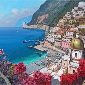 Painting, Horizontal view over the sea - Positano painting Italy, Gianni Di Guida
