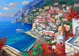 Pintura, Flowering and blue sea - Positano painting Italy, Vincenzo Somma