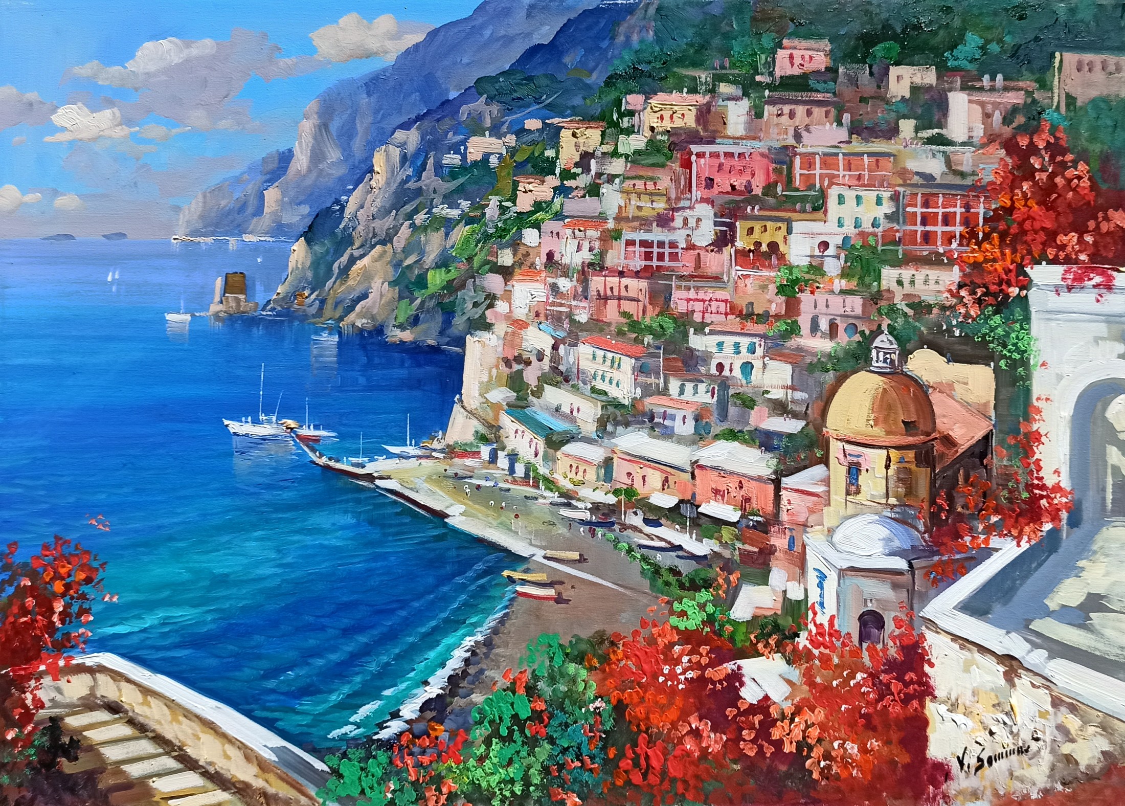 Vincenzo Somma, Flowering and blue sea - Positano painting Italy Vincenzo Somma, Flowering and blue sea - Positano painting Italy