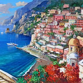 Painting, Flowering and blue sea - Positano painting Italy, Vincenzo Somma