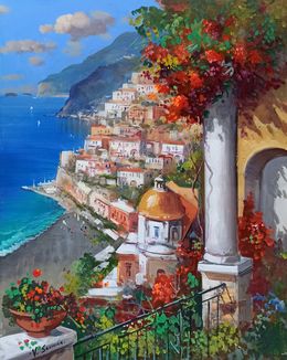 Peinture, View from the terrace (vertical version) - Positano painting & frame, Vincenzo Somma
