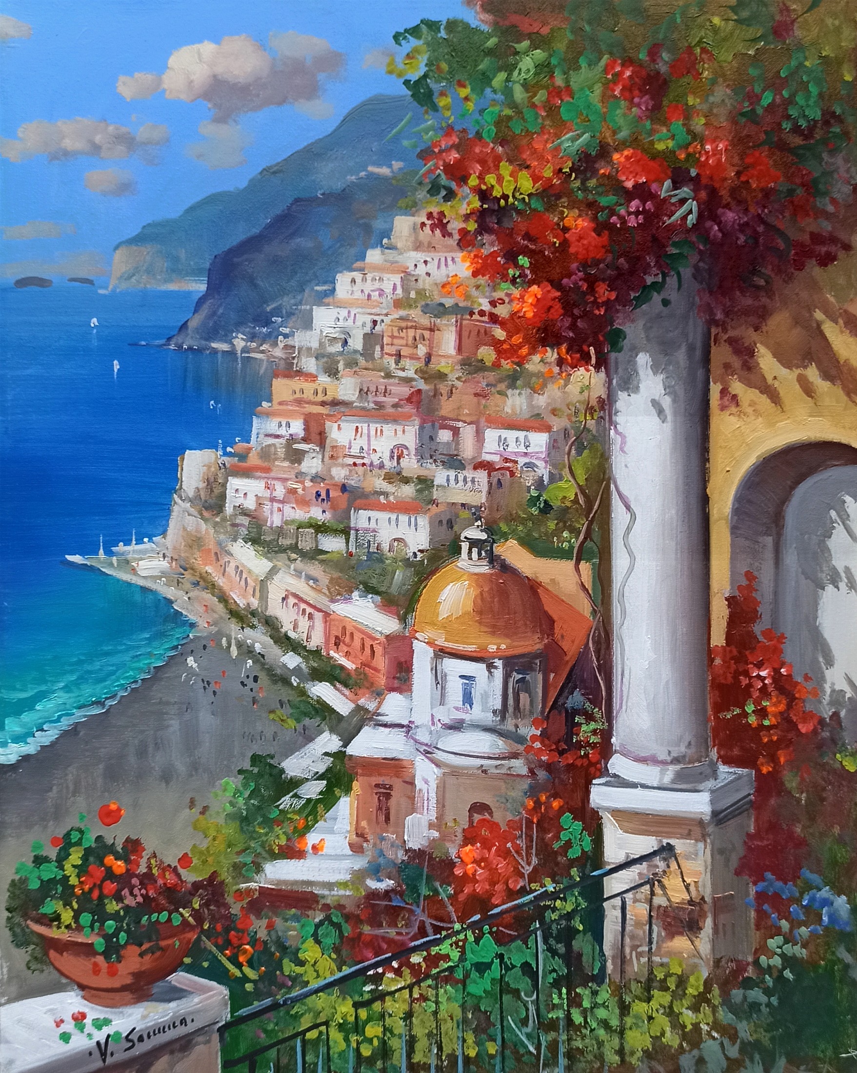 Vincenzo Somma, View from the terrace (vertical version) - Positano painting & frame Vincenzo Somma, View from the terrace (vertical version) - Positano painting & frame