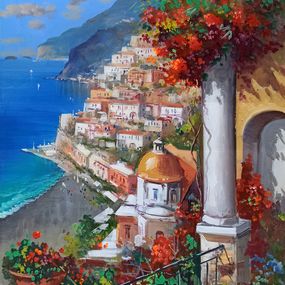 Peinture, View from the terrace (vertical version) - Positano painting & frame, Vincenzo Somma