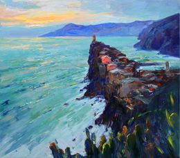 Painting, Vernazza Cinque Terre iItaly -  impasto sea landscape, Italian coast, Serhii Cherniakovskyi
