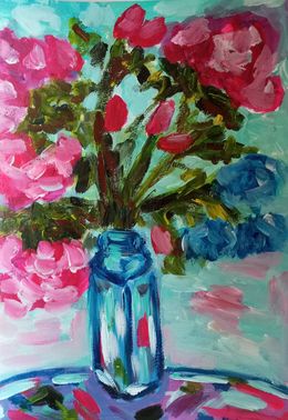 Peinture, Happiness vase with pink flowers, Natalya Mougenot