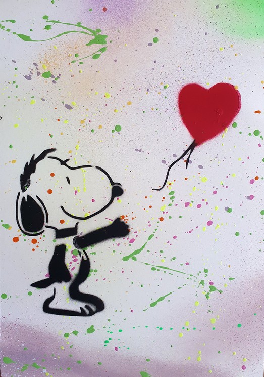 Spaco, Snoopy ballon coeur Banksy pochoir, Gemälde auf Papier
