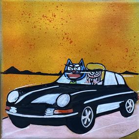 Peinture, Vive les fleurs, les chats en voiture, Seb Paul Michel