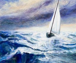 Pintura, Dans la tempête - Paysage de mer et voilier, Véronique Saudez