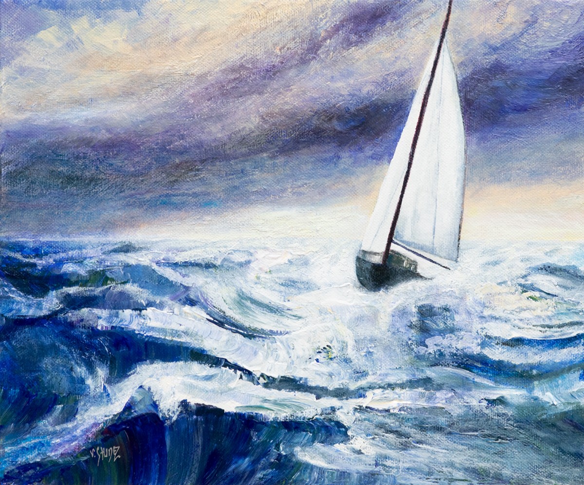 Véronique Saudez, Dans la tempête - Paysage de mer et voilier Véronique Saudez, Dans la tempête - Paysage de mer et voilier