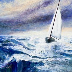 Gemälde, Dans la tempête - Paysage de mer et voilier, Véronique Saudez