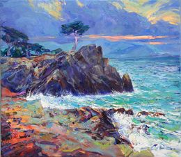 Peinture, Lone Cypress-California coast landscape, Pebble Beach seascape textured Oil painting, Serhii Cherniakovskyi