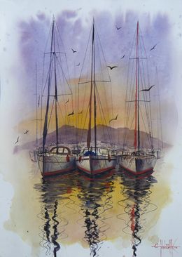 Painting, Three ships at sea - water, summer, sky, Eugene Gorbachenko