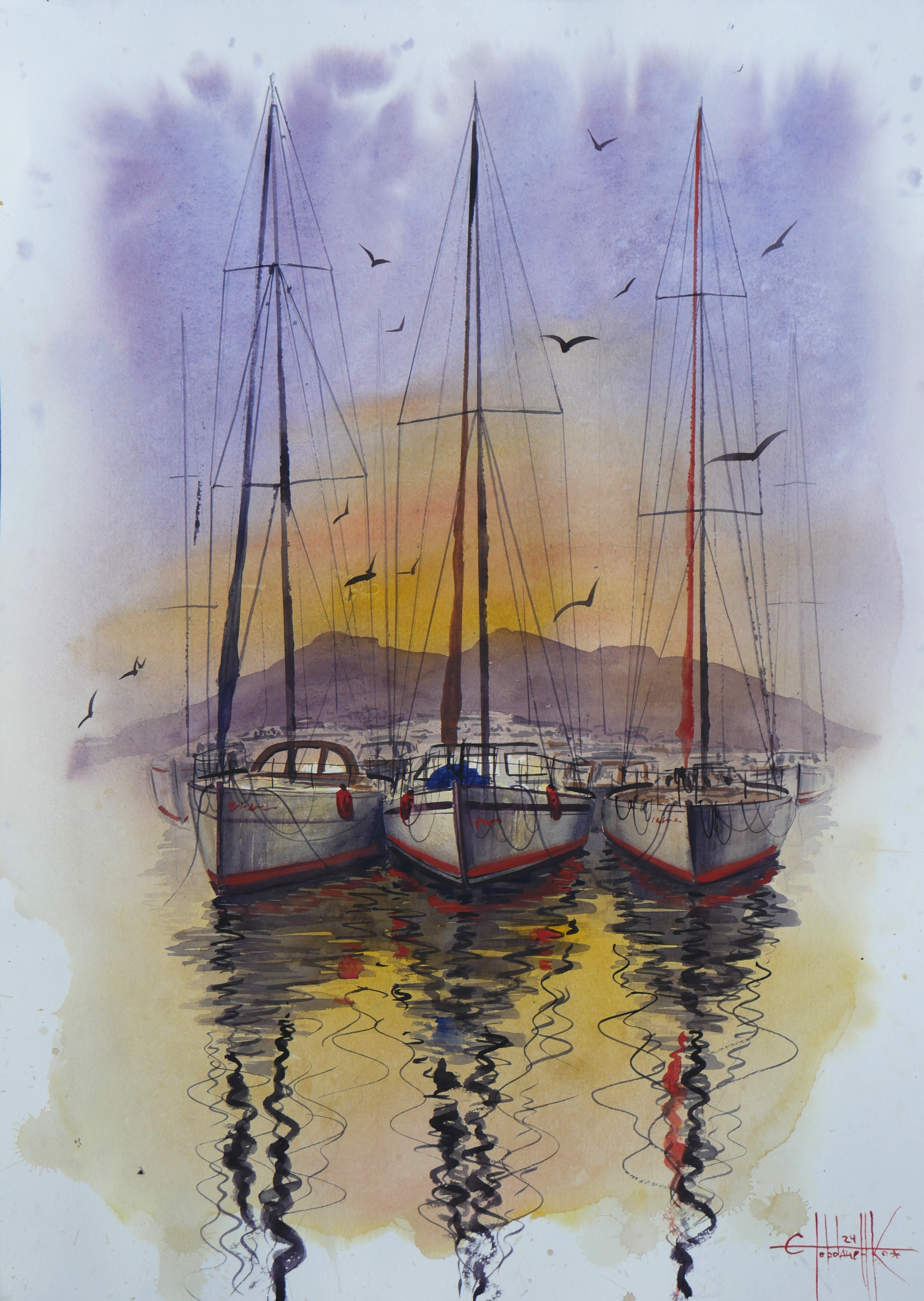 Eugene Gorbachenko, Three ships at sea - water, summer, sky Eugene Gorbachenko, Three ships at sea - water, summer, sky