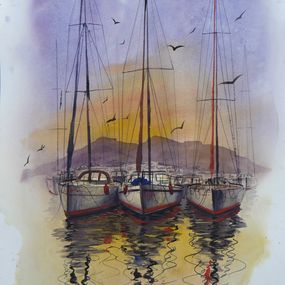 Pintura, Three ships at sea - water, summer, sky, Eugene Gorbachenko
