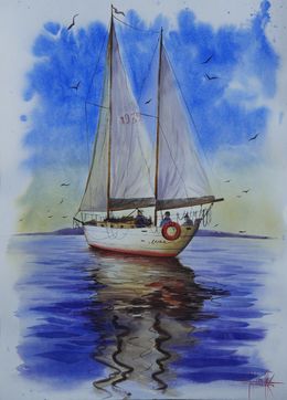 Painting, Ship an a calm  sea - water, summer, sky blue, Eugene Gorbachenko