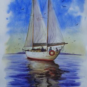 Peinture, Ship an a calm  sea - water, summer, sky blue, Eugene Gorbachenko